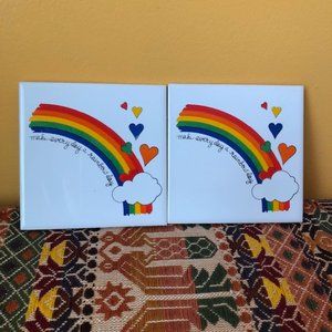 Set of Two Vintage 80's Rainbow Ceramic Coasters